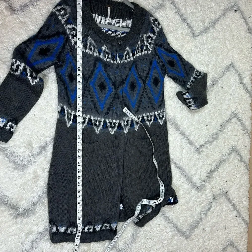 Free People Gray and Blue Geometric Cardigan 13% wool